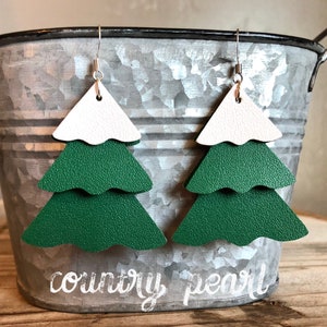 FAUX Leather Earrings- Snow Capped Trees- Holiday Winter- Green and White- Triple Layered- Front Detail Only or Add Backside Layer