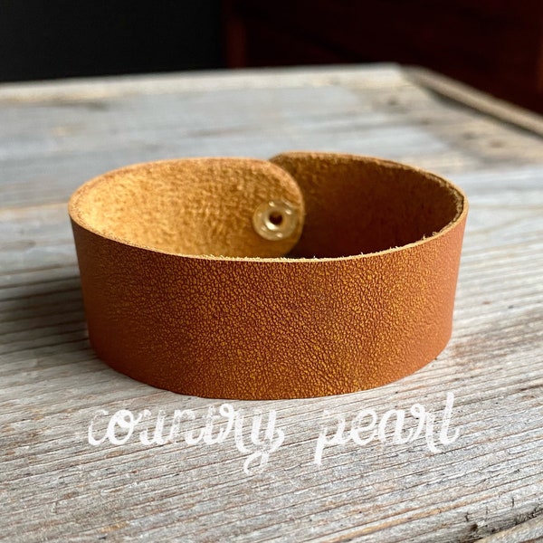 GENUINE Leather Cuff Bracelet- Caramel Brown- Simple- Gold Metal- Rounded Ends- Customizable - Lightweight Comfortable- Shawl Clasp- Unisex