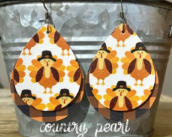 FAUX Leather Earrings- Brown Orange Buffalo Plaid- Cute Thanksgiving Turkeys Over Plaid- Double Layered- Teardrops