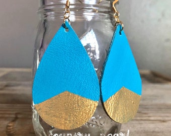 GENUINE Leather Earrings- Teal Hand Painted- Dipped with Metallic Gold- Narrow Teardrops- Single Layer or Double Sided