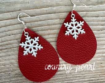 GENUINE Leather Earrings- White Snowflake Charms Over Red- Teardrops- Christmas Winter Holiday- Single Layer or Double Sided