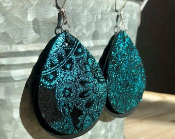 GENUINE Leather Earrings- Metallic Sky Blue Pattern on Black Suede- Double Layered- Teardrops- Paisley Floral