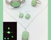 Sterling Jadite Uranium Glass Jewelry Set 925 Silver Jeanette McKee Jadeite Glass Ring, Earrings, Necklace, Bracelet