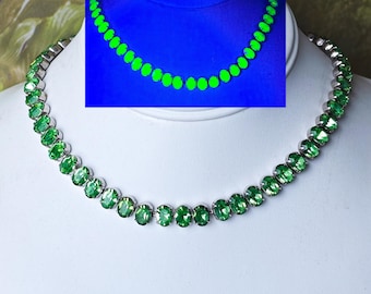 Vintage Uranium Glass Necklace Oval Rhinestone Silver Tone