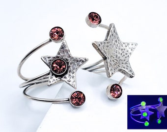 Pink Star Uranium Glass Cuff Bracelet Hammered Silver Tone Adjustable