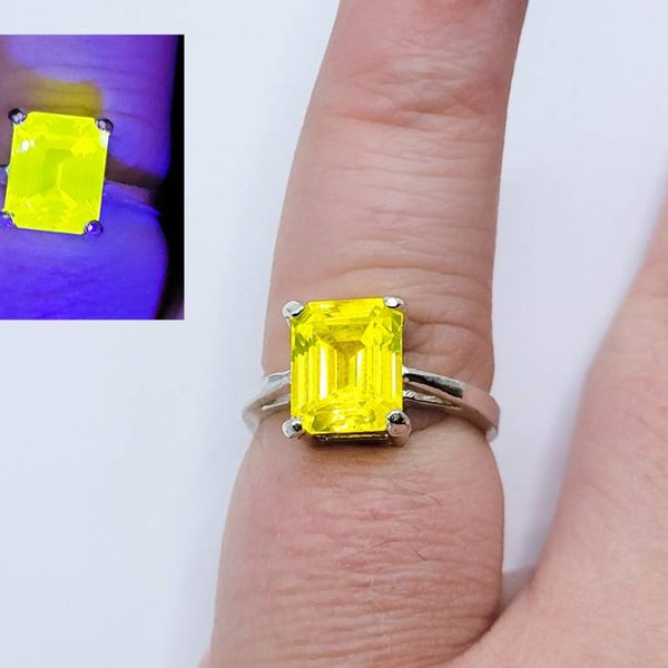 Sterling YAG Ring UV Yellow Yttrium Aluminum Garnet Emerald Cut Solitaire 925 Silver