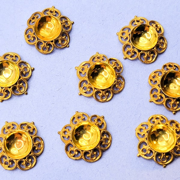 Vintage Concave Filigree Settings Gold Tone 8pcs