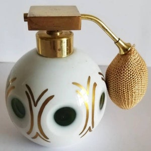 Vintage Czech Bohemian Glass Perfume Bottle Atomizer White Cut to Green Glass