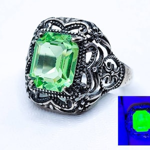 Sterling Uranium Glass Ring Emerald Cut Patina Filigree 925 Silver