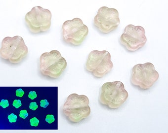 10mm Pink Flower Uranium Glass Beads Czech Pressed Glass 10pcs B1