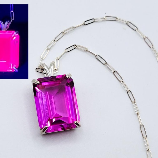 Sterling UV Hot Pink Sapphire Necklace Large 27ct Emerald Cut Pendant 925 Silver
