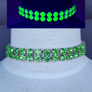 Uranium Glass Choker Necklace Green Jeweled Adjustable Silver Tone