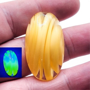 Huge Vintage Uranium Glass Cabochon Yellow Oval Ribboned 1930s Czech Glass 37x21mm
