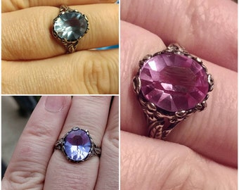 Sterlingzilveren ring van neodymiumglas alexandrietglas van kleur veranderend 925 zilver bloemen