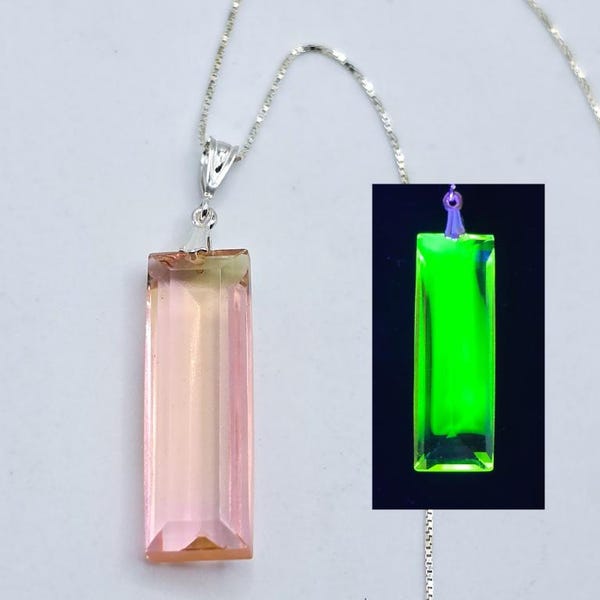 Sterling Pink Uranium Glass Necklace Baguette 925 Silver