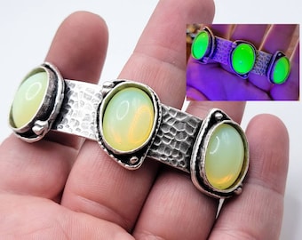 Uranium Glass Cuff Bracelet Yellow Opal Hammered Silver Tone