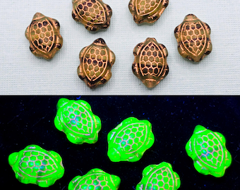 Turtle Uranium Glass Beads Czech 18x12mm Gold Wash Pressed Glass 6pcs