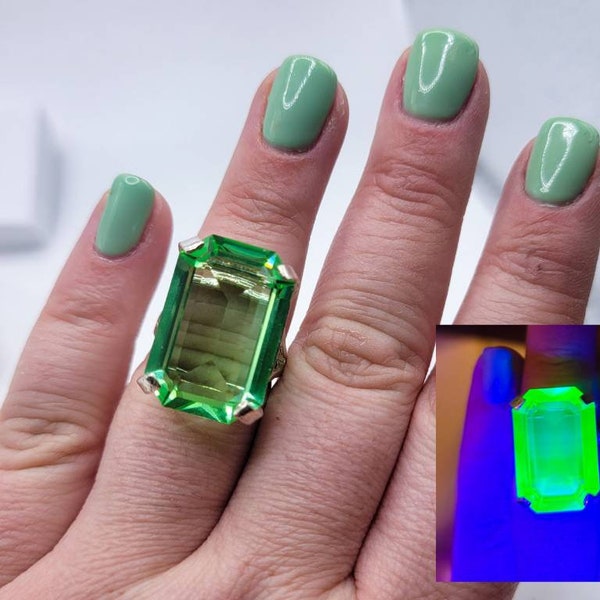Huge Sterling Uranium Glass Ring Emerald Cut Green Statement Ring Cocktail Ring 925 Silver
