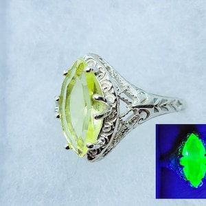 Sterling Vaseline Uranium Glass Ring Marquise Art Deco Filigree 925 Silver