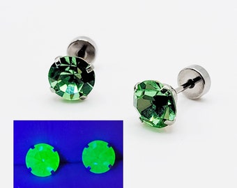 Uranium Glass Stud Earrings Green Flat Screw Back Stainless Steel