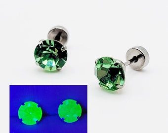 Uranium Glass Stud Earrings Green Flat Back Stainless Steel H2