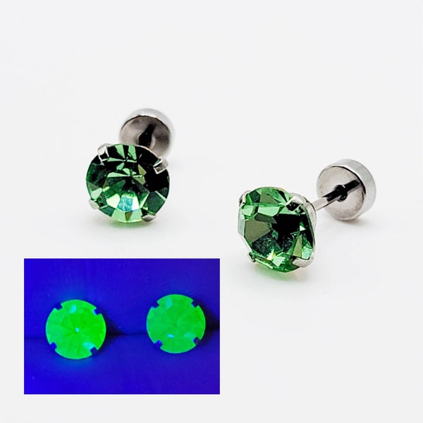 Uranium Glass Stud Earrings Green Flat Screw Back Stainless Steel H2