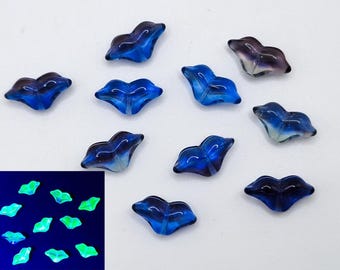 Bird Uranium Glass Beads Blue Purple 7x15mm Czech 10pcs