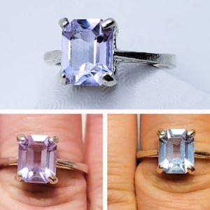 Sterling Silver Neodymium Glass Ring Emerald Cut Solitaire Alexandrite Glass Color Changing 925 Silver