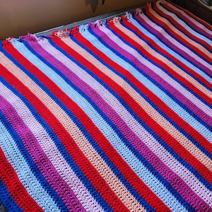 Vintage Colorful Afghan Striped Fringe Handmade Queen 75x73