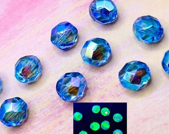 Aurora Borealis Blue Uranium Glass Beads 8mm Czech Fire Polished 10pcs