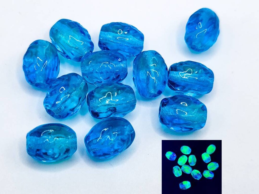 Uranium Glass Beads Blue Floral Pressed Glass 9x7mm 10pcs Etsy