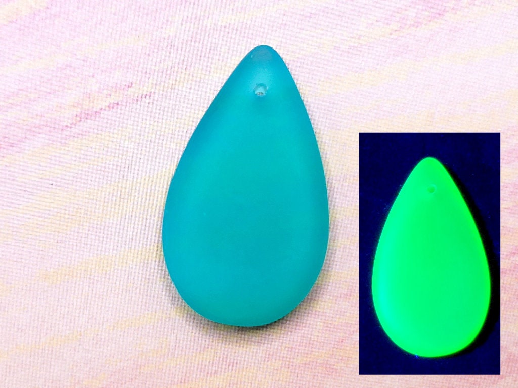 Large Matte Teal Uranium Glass Pendant Czech 30x18mm Teardrop 1pc
