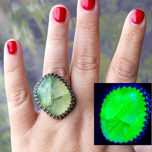 Sterling Vaseline Factory Slag Glass Ring Large Statement Uranium Glass Ring 925 Silver Size 9