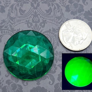 Huge 35mm Uranium Glass Flat Back Gem Emerald Green Faceted Cabochon
