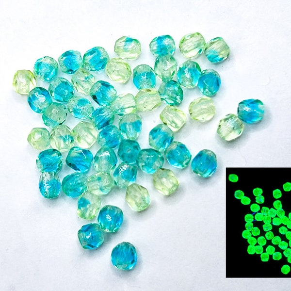 3mm Fire Polished Uranium Glass Beads Czech Blue Green 50pcs C6