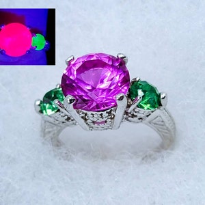 Sterling Uranium Glass and Pink Sapphire Ring UV Reactive Green and Pink 925 Silver