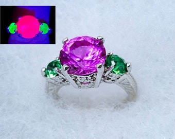 Sterling Uranium Glass and Pink Sapphire Ring UV Reactive Green and Pink 925 Silver