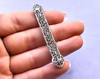 Vintage Bar Brooch Art Deco Filigree 1930s Rhodium Silver Tone