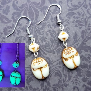 Sterling Scarab Uranium Glass Earrings Antique Neiger Brothers Beads Egyptian Revival 925 Silver