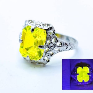 Sterling YAG Ring UV Yellow Yttrium Aluminum Garnet Emerald Cut Floral Filigree 925 Silver