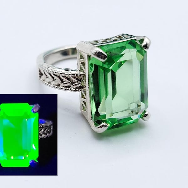 Sterling Uranium Glass Ring Large Emerald Cut 925 Silver