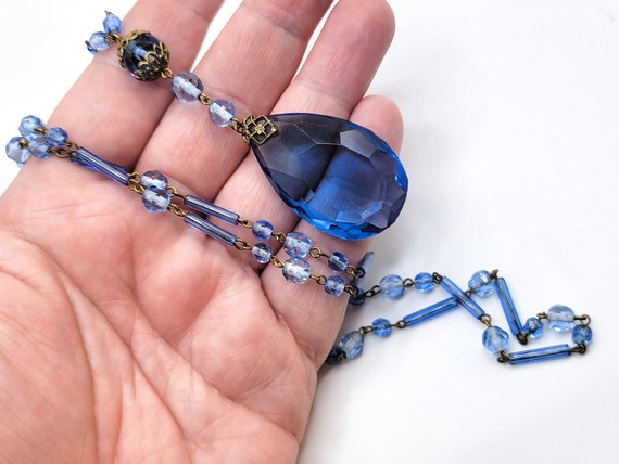 Vintage Czech Long Blue Necklace 1930s Brass Fili… - image 3