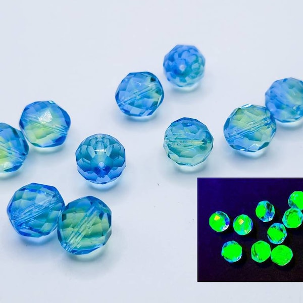 Bicolor Blue Uranium Glass Beads 6mm 8mm 10mm Czech Fire Polished 10pcs L3/4/5