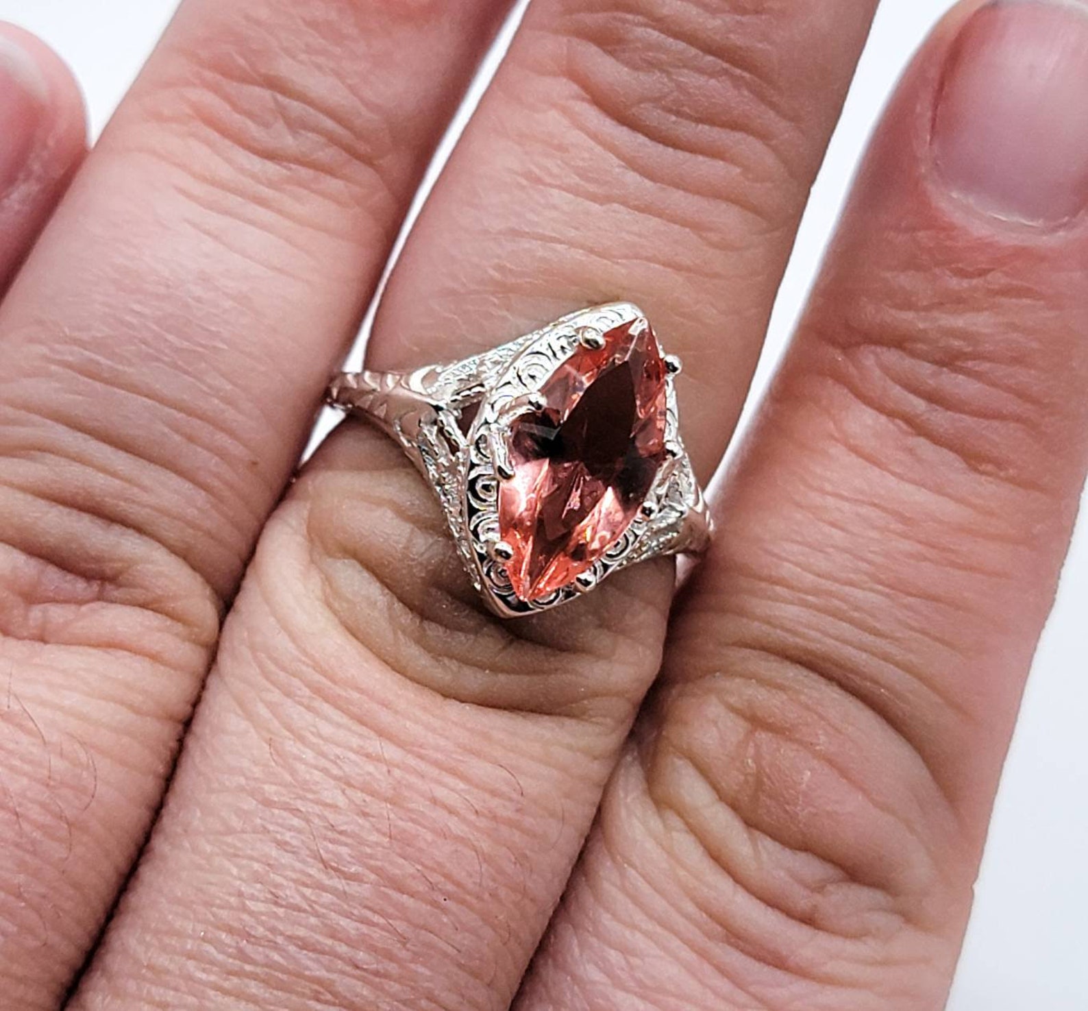 Sterling Pink Uranium Glass Ring Marquise Cut Art Deco Filigree Bright