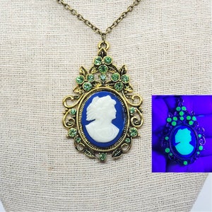 Uranium Glass Cameo Necklace Victorian Style Gold Tone Jeweled Pendant