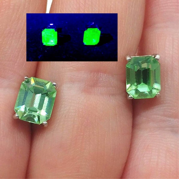 Sterling Uranium Glass Earrings Green Faceted Emerald Cut Studs 925 Silver