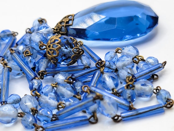 Vintage Czech Long Blue Necklace 1930s Brass Fili… - image 6