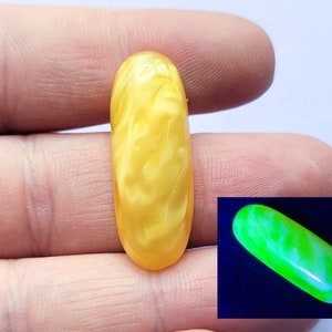Vintage Uranium Glass Cabochon Yellow Swirl Satin 1930s Czech Glass 32x12mm