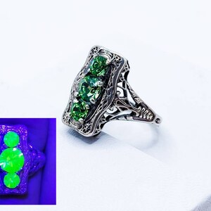 Sterling Uranium Glass Ring Art Deco Shield 925 Silver