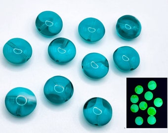 Teal Givre Uranium Glass Beads 11mm Flat Round Czech Beads 10pcs